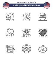 Happy Independence Day Pack of 9 Lines Signs and Symbols for usa police eat party celebrate Editable USA Day Vector Design Elements