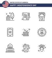 Modern Set of 9 Lines and symbols on USA Independence Day such as holiday day fastfood ireland phone Editable USA Day Vector Design Elements