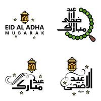 Modern Pack of 4 Vector Illustrations of Greetings Wishes For Islamic Festival Eid Al Adha Eid Al Fitr Golden Moon Lantern with Beautiful Shiny Stars