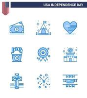 Set of 9 Vector Blues on 4th July USA Independence Day such as independence day holiday love usa fastfood Editable USA Day Vector Design Elements