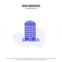 nuestros servicios edificio oficina torre espacio sólido glifo icono plantilla de tarjeta web vector