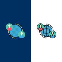 conexiones conectadas usuario internet iconos globales planos y llenos de línea conjunto de iconos vector fondo azul