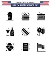 Solid Glyph Pack of 9 USA Independence Day Symbols of hotdog glass holiday bottle wine Editable USA Day Vector Design Elements