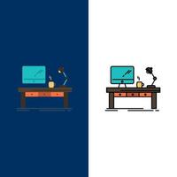 Workplace Business Computer Desk Lamp Office Table  Icons Flat and Line Filled Icon Set Vector Blue Background