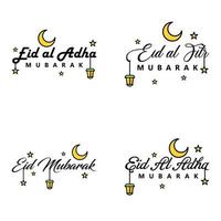 paquete de 4 fuentes decorativas diseño de arte eid mubarak con caligrafía moderna luna colorida estrellas linterna adornos hosco vector