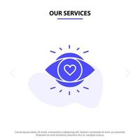 nuestros servicios ojo ojos educación luz sólido glifo icono plantilla de tarjeta web vector