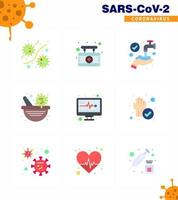 conjunto de iconos covid19 para el paquete infográfico de 9 colores planos, como electrónica médica, farmacia, tazón, signo, farmacia, lavado, coronavirus viral, 2019nov, elementos de diseño de vectores de enfermedades