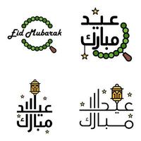 Happy Eid Mubarak Hand Letter Typography Greeting Swirly Brush Typeface Pack Of 4 Greetings with Shining Stars and Moon vector