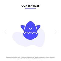 nuestros servicios huevo de pascua primavera icono de glifo sólido plantilla de tarjeta web vector