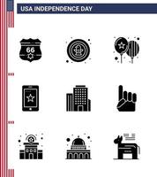 Solid Glyph Pack of 9 USA Independence Day Symbols of building cell badge phone party Editable USA Day Vector Design Elements