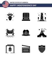 Solid Glyph Pack of 9 USA Independence Day Symbols of cap cityscape monument city bridge Editable USA Day Vector Design Elements
