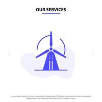 nuestros servicios turbina energía eólica energía glifo sólido icono plantilla de tarjeta web vector