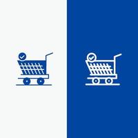 línea de carrito de compras al por menor y glifo icono sólido banner azul vector