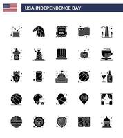 Pack of 25 USA Independence Day Celebration Solid Glyph Signs and 4th July Symbols such as monument usa usa flag american Editable USA Day Vector Design Elements