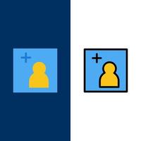 cámara agregar iconos de imagen plana y línea llena conjunto de iconos vector fondo azul