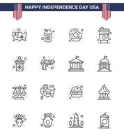 Set of 16 Modern Lines pack on USA Independence Day election usa donut juice alcohol Editable USA Day Vector Design Elements