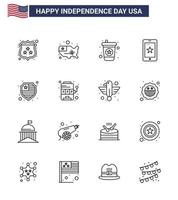 Modern Set of 16 Lines and symbols on USA Independence Day such as shield american beverage ireland phone Editable USA Day Vector Design Elements