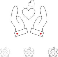 Hand Love Heart Wedding Bold and thin black line icon set vector
