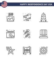 Set of 9 Vector Lines on 4th July USA Independence Day such as celebration date party calendar usa Editable USA Day Vector Design Elements