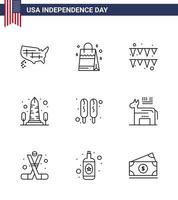 9 iconos creativos de estados unidos signos de independencia modernos y símbolos del 4 de julio del festival de hot dog washington monumento de estados unidos elementos de diseño de vectores editables del día de estados unidos