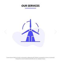 nuestros servicios energía limpia energía verde molino de viento icono de glifo sólido plantilla de tarjeta web vector