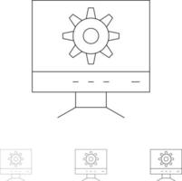 diseño de configuración de computadora conjunto de iconos de línea negra en negrita y delgada vector