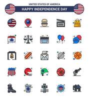 25 USA Flat Filled Line Pack of Independence Day Signs and Symbols of money usa burger video american Editable USA Day Vector Design Elements