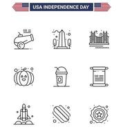 Set of 9 USA Day Icons American Symbols Independence Day Signs for festival food washington usa landmark Editable USA Day Vector Design Elements