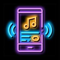 escuchar música canción en el teléfono inteligente neón resplandor icono ilustración vector