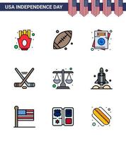 conjunto de 9 iconos del día de los ee.uu. símbolos americanos signos del día de la independencia para la justicia invitación americana deporte hokey elementos de diseño vectorial editables del día de los ee.uu. vector