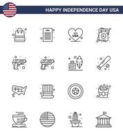 Big Pack of 16 USA Happy Independence Day USA Vector Lines and Editable Symbols of army gun love wedding love Editable USA Day Vector Design Elements