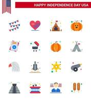 Set of 16 Modern Flats pack on USA Independence Day barbecue usa camping love festival Editable USA Day Vector Design Elements