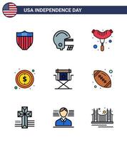 Happy Independence Day 4th July Set of 9 Flat Filled Lines American Pictograph of star director frankfurter chair dollar Editable USA Day Vector Design Elements