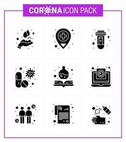 icono de consejos de precaución de coronavirus para la presentación de pautas de atención médica 9 paquete de iconos negros de glifo sólido, como prueba de píldora manual, antivirus médico, coronavirus viral 2019nov, diseño de vector de enfermedad