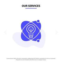 Our Services Atom Education Nuclear Bulb Solid Glyph Icon Web card Template vector