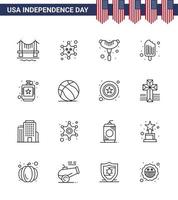 USA Independence Day Line Set of 16 USA Pictograms of flask alcoholic food ice cream cream Editable USA Day Vector Design Elements