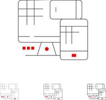 monitor de computadora educación celular conjunto de iconos de línea negra en negrita y delgada vector