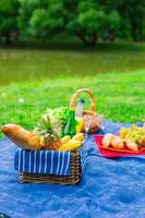 Picnic basket with fruits, bread and bottle of white wine photo