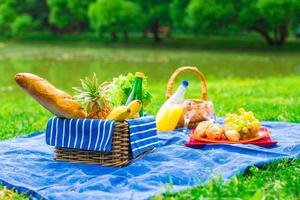Picnic basket with fruits, bread and bottle of white wine photo