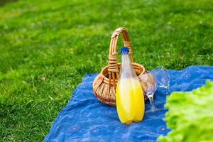 Picnic basket with fruits, bread and bottle of white wine photo