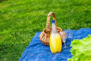 cesta de picnic con frutas, pan y botella de vino blanco. foto