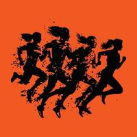 Running People Silhouette with burning effect. Silhouette of a group of running people. vector