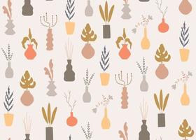 Seamless pattern of Hand drawn vase with plants. Boho pastel background vector