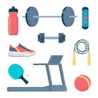 conjunto de equipos de gimnasia. equipos de entrenamiento de fitness, deporte y estilo de vida saludable. conjunto de iconos de carrera, deporte y gimnasio. ilustración vectorial
