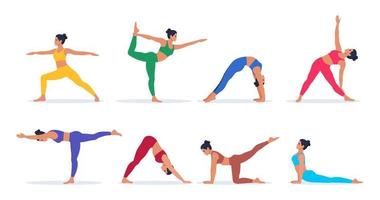 Set of yoga poses. Young women in colorful clothes do yoga exercises. Healthy lifestyle with yoga asanas. Vector illustration.