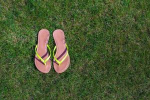 Closeup of bright flip flops and legs on green grass photo
