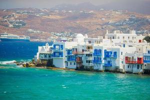 Amazing view of Little Venice the most popular attraction in Mykonos Island Greece photo