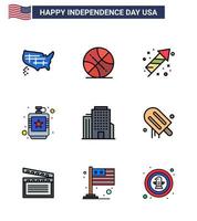 Flat Filled Line Pack of 9 USA Independence Day Symbols of building hip celebration flask alcoholic Editable USA Day Vector Design Elements