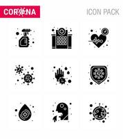 9 Solid Glyph Black Set of corona virus epidemic icons such as covid virus medical care pulse viral coronavirus 2019nov disease Vector Design Elements