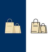 bolsa bolso compras tienda iconos plano y línea llena conjunto de iconos vector fondo azul